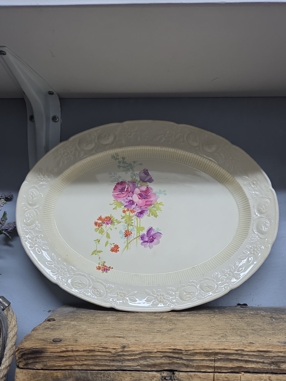 Vintage Homer Laughlin Oval Serving Platter Ivory Ceramic with Pink & Purple